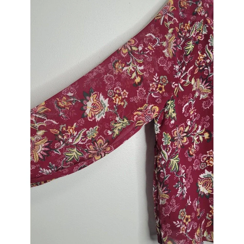 8th & Madison maroon floral long sleeve cute partial button pop over top XL NWT
